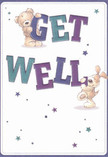 A cheerful get well card bursts with warmth and optimism, featuring two adorable characters-a plush teddy bear and a playful puppy-who seem to leap happily from the page. Each holds and balances the boldly coloured letters of 'Get Well', painted in vibrant indigo and teal that glow softly against a creamy background reminiscent of light streaming into an Islington florist shop on a spring morning. Scattered stars in variegated blues and purples twinkle throughout, infusing the card with a sense of childlike wonder and hope familiar to the leafy streets around Barnsbury Square. The illustrated fur of both bear and pup is rendered with such care that one can almost feel their soft embrace, an echo of the comforting arrangements thoughtfully prepared and delivered by local florists to neighbours in need. This card is more than a message-it is an emotional salve, much like a hand-tied bouquet left for someone's recovery along St. Peter's Street: a gesture of genuine kindness, crafted to brighten a difficult day and nurture healing within the heart of Islington.